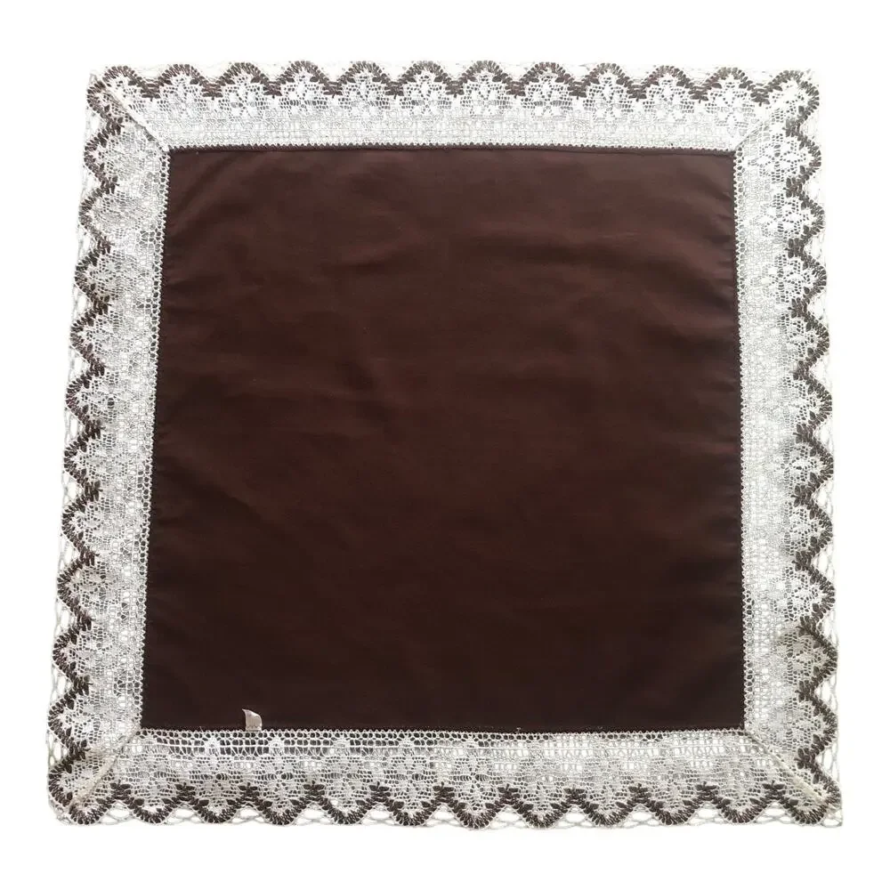 Vintage Brown Table Topper with White Crochet Lace Trim Square Tablecloth